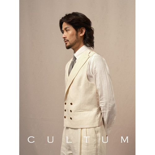 CULTUM100%法國重磅亞麻戧駁領雙排釦西裝馬甲男紳士休閒馬夾西服