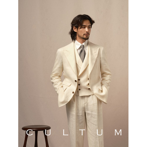 CULTUM100%法國重磅亞麻戧駁領雙排釦西裝馬甲男紳士休閒馬夾西服