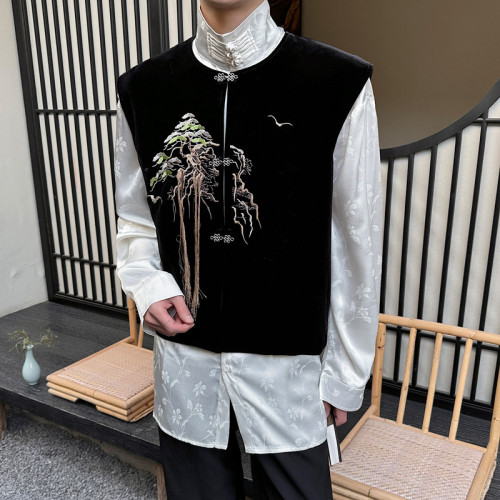 新中式禪意流蘇馬甲襯衫套裝男女春秋國風不老松刺綉坎肩盤釦上衣