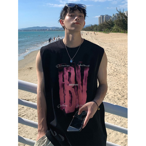 倉石一樹美式潮牌背心男士夏季新款街頭創意字母印花純棉無袖體恤