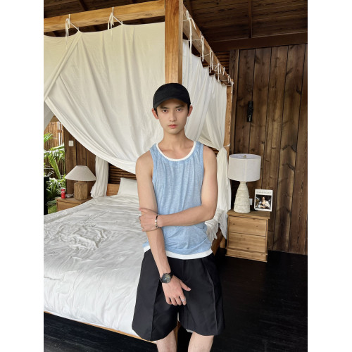 乜Q夏款老錢風竹節棉假兩件針織背心簡約顯瘦透氣輕薄無袖打底