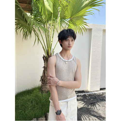 乜Q夏款老錢風竹節棉假兩件針織背心簡約顯瘦透氣輕薄無袖打底