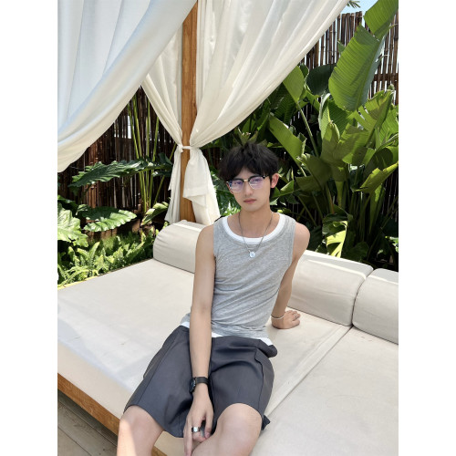 乜Q夏款老錢風竹節棉假兩件針織背心簡約顯瘦透氣輕薄無袖打底