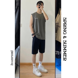 恩洛亞夏季背心男薄款寬松圓領上衣套裝運動汗衫坎肩純棉無袖T恤