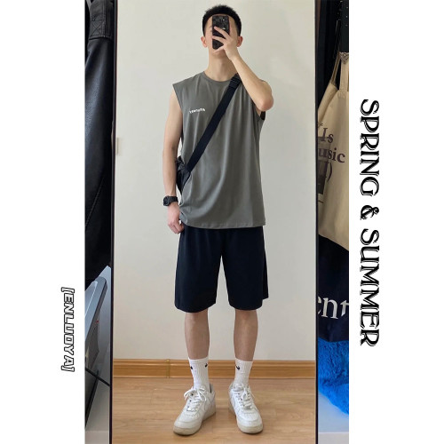 恩洛亞夏季背心男薄款寬松圓領上衣套裝運動汗衫坎肩純棉無袖T恤