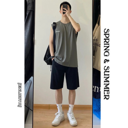 恩洛亞夏季背心男薄款寬松圓領上衣套裝運動汗衫坎肩純棉無袖T恤