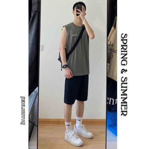 恩洛亞夏季背心男薄款寬松圓領上衣套裝運動汗衫坎肩純棉無袖T恤