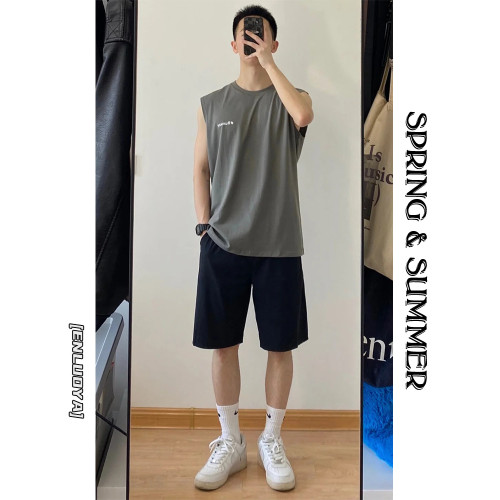恩洛亞夏季背心男薄款寬松圓領上衣套裝運動汗衫坎肩純棉無袖T恤