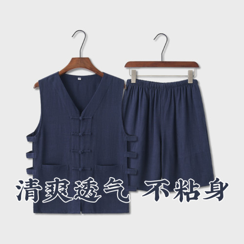 棉麻中式馬甲短褲套裝男柔軟吸汗唐裝休閒復古兩件套寬松汗衫馬褂
