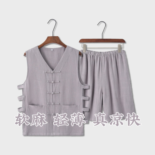 棉麻中式馬甲短褲套裝男柔軟吸汗唐裝休閒復古兩件套寬松汗衫馬褂