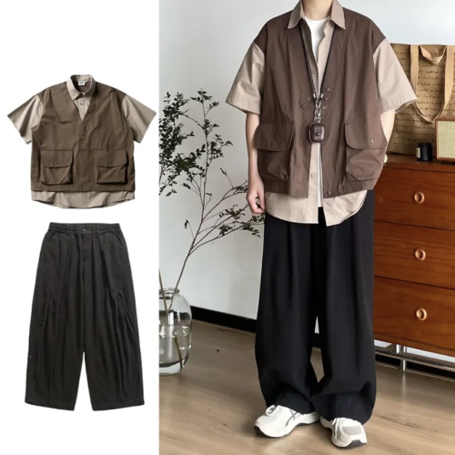 兩件裝/單件日系復古工裝短袖襯衫男寬松休閒假兩件馬甲襯衣外套