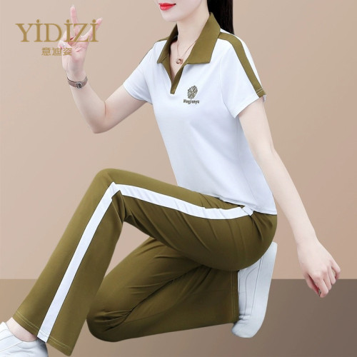 冰絲薄款休閒運動套裝女夏季2025新款時尚翻領POLO襯衫透氣兩件套