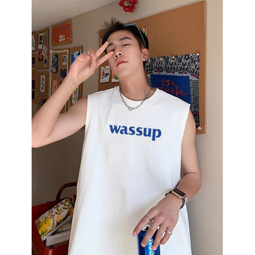 WASSUP HEODS美式休閒字母印花背心潮牌男寬松無袖T恤坎肩夏