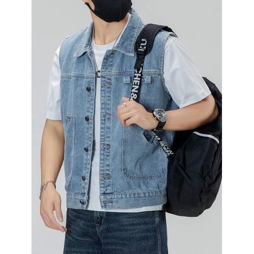 淺色2025新款牛仔馬甲男寬松大碼復古無袖坎肩馬夾工裝潮牌外套男