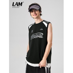 LAMLICKA美式復古字母運動背心男夏季新款拼接情侶裝無袖T恤寬松