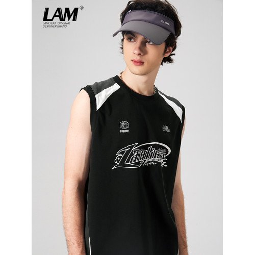 LAMLICKA美式復古字母運動背心男夏季新款拼接情侶裝無袖T恤寬松