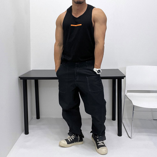 微廓形寬松時髦！螢光撞色純棉背心無袖T恤肌肉男顯身材健身海灘
