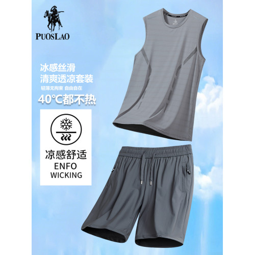 保羅無袖背心套裝男夏季冰絲t恤+五分短褲藍球服羽毛球休閒運動服