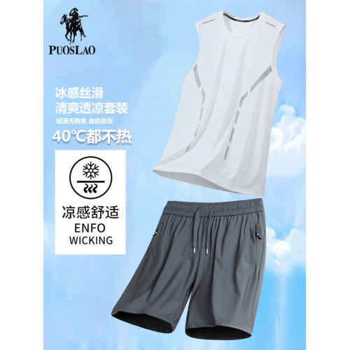 保羅無袖背心套裝男夏季冰絲t恤+五分短褲藍球服羽毛球休閒運動服
