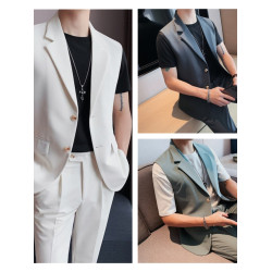 無袖西裝馬甲套裝男夏薄款痞帥潮流修身西服外套髮型師潮牌兩件套
