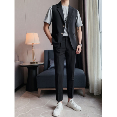 無袖西裝馬甲套裝男夏薄款痞帥潮流修身西服外套髮型師潮牌兩件套