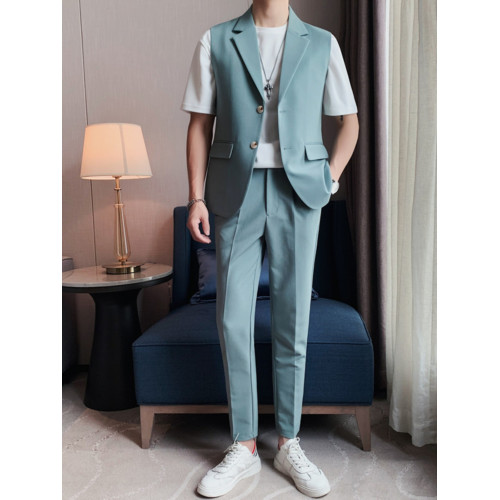 無袖西裝馬甲套裝男夏薄款痞帥潮流修身西服外套髮型師潮牌兩件套