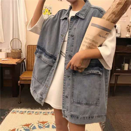 大碼300斤大口袋無袖牛仔馬甲男女裝夏季設計感寬松休閒曡穿外套2