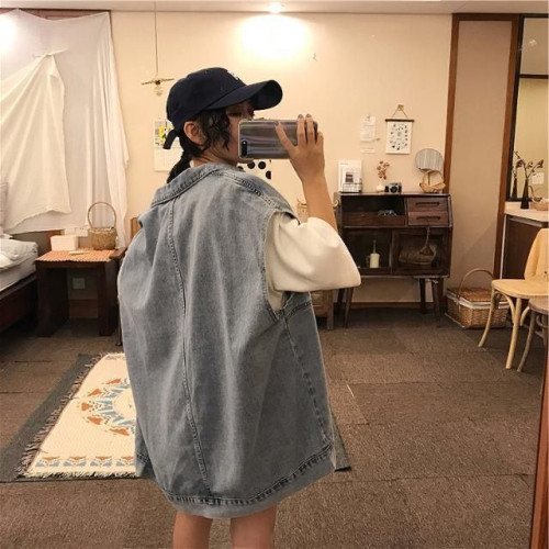 大碼300斤大口袋無袖牛仔馬甲男女裝夏季設計感寬松休閒曡穿外套2