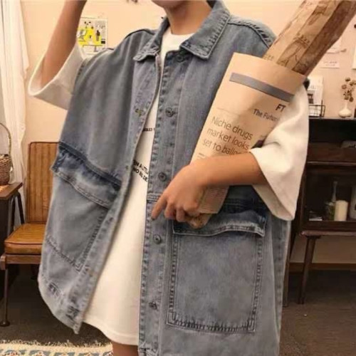 大碼300斤大口袋無袖牛仔馬甲男女裝夏季設計感寬松休閒曡穿外套2