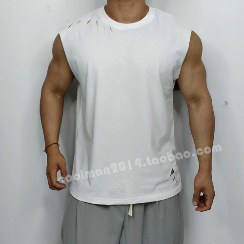 百搭休閒運動寬肩無袖男士磨毛破洞背心T恤美式寬松破爛健身坎肩