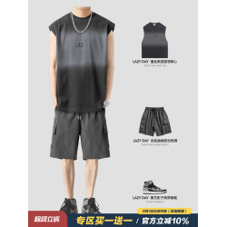 LAZY DAY原創男裝搭配美式休閒字母印花漸變純棉背心男百搭五分褲