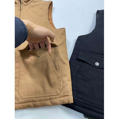 美式經典 復古立領衍棉多袋哢嘰工裝斜紋帆布秋冬保暖夾棉馬甲男