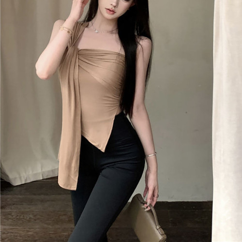 純欲辣妹短款不規則露肩吊帶背心女夏季新款修身褶皺小衆上衣
