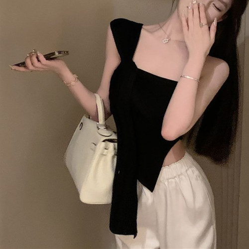 純欲辣妹短款不規則露肩吊帶背心女夏季新款修身褶皺小衆上衣