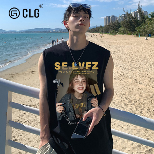 香港CLG潮牌字母印花背心美式夏季潮流嘻哈重磅無袖T恤坎肩打底衫