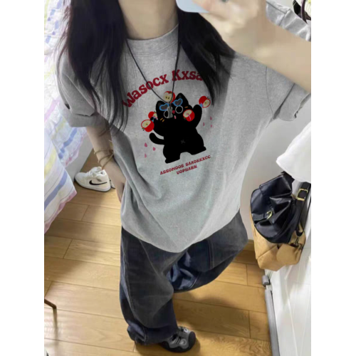 灰色純棉短袖女t恤2025新款夏季設計感小衆美式寬松半袖圓領上衣
