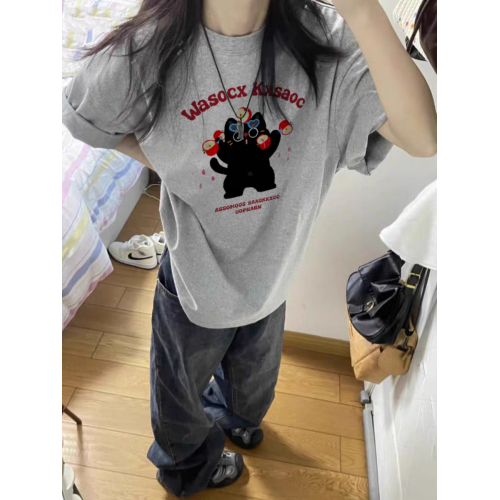 灰色純棉短袖女t恤2025新款夏季設計感小衆美式寬松半袖圓領上衣