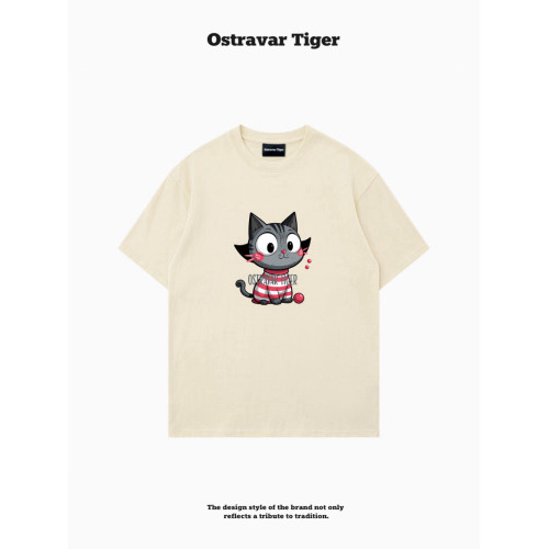 專櫃新款 Ostravar Tiger潮牌2025夏手繪慵懶風寬松純棉短袖女t恤