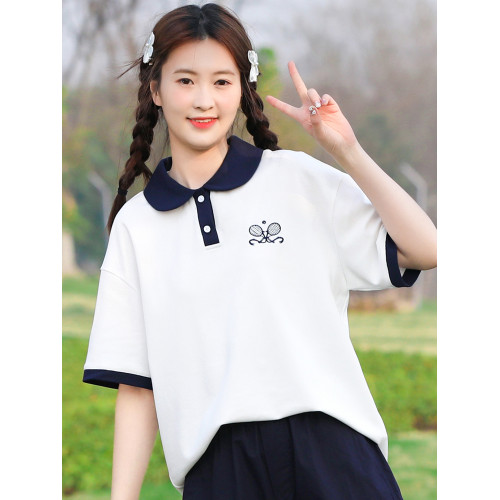 初高中學生夏季短袖POLO衫少女T恤娃娃領大童時尚甜美上衣套裝潮