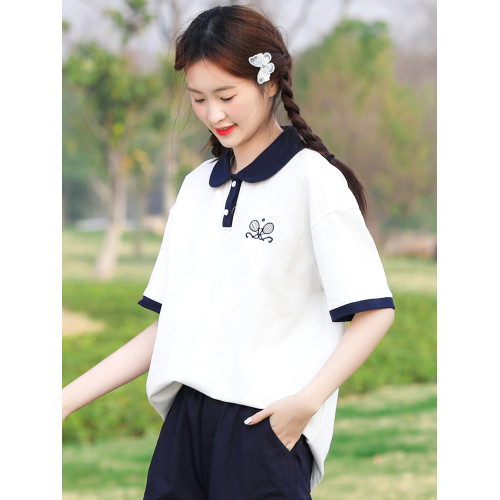 初高中學生夏季短袖POLO衫少女T恤娃娃領大童時尚甜美上衣套裝潮