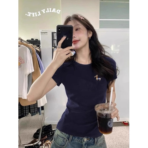 藏藍色正肩短袖女t恤2025夏季新款修身顯瘦甜辣妹夏日絕美小上衣