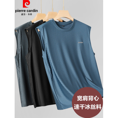 皮爾卡丹冰絲背心男夏季外穿運動速乾坎肩彈力大碼爸爸裝無袖t恤