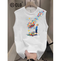 香港CLG潮牌坎肩背心男女新款印花夏休閒重磅純棉寬松簡約無袖T恤