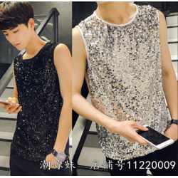 無袖T恤上衣舞台反光背心亮片打底衫潮流演出服男裝韓版個性時尚