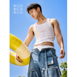 BluBluBlu美式運動健身背心夏季青年男士白色螺紋打底無袖坎肩T恤