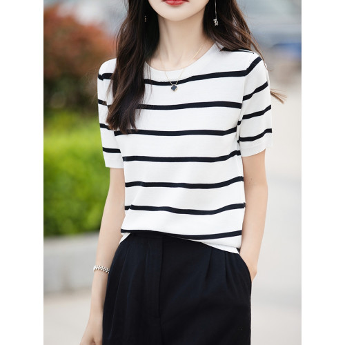 條紋冰絲針織短袖女T恤圓領撞色曲珠清爽半袖修身顯瘦內搭打底衫