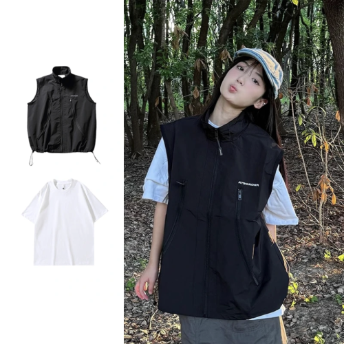 兩件裝/單件夏日系戶外工裝馬甲男女寬松休閒機能立領無袖外套潮