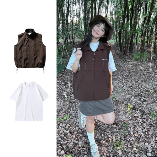 兩件裝/單件夏日系戶外工裝馬甲男女寬松休閒機能立領無袖外套潮