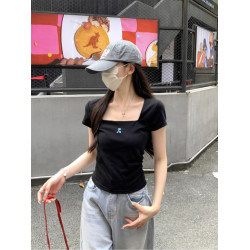 restandrecreation韓版小個子方領露鎖骨短袖女t恤褶皺RR修身上衣