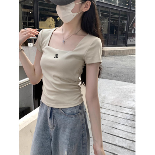 restandrecreation韓版小個子方領露鎖骨短袖女t恤褶皺RR修身上衣